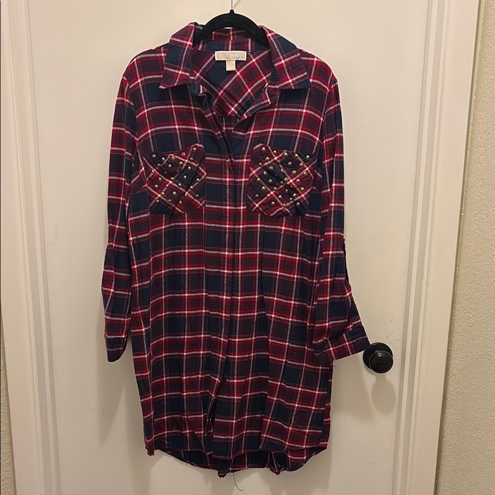 Plaid Button-Up Shirt with Heart Pockets